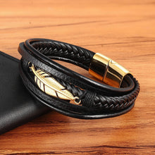 Load image into Gallery viewer, Feather Charm Multiwrap Leather Bracelet