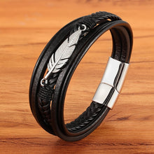 Load image into Gallery viewer, Feather Charm Multiwrap Leather Bracelet
