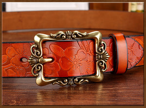 BHK™  Genuine leather Vintage Floral Pin Buckle Belt for women